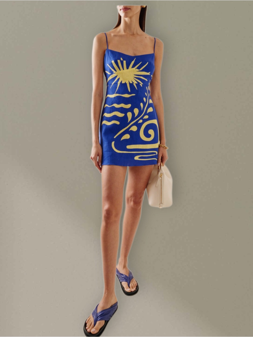 CALA DE LA CRUZ Lucca Linen Blue & Yellow Tropical Print Mini Dress Size Small - Picture 3 of 10
